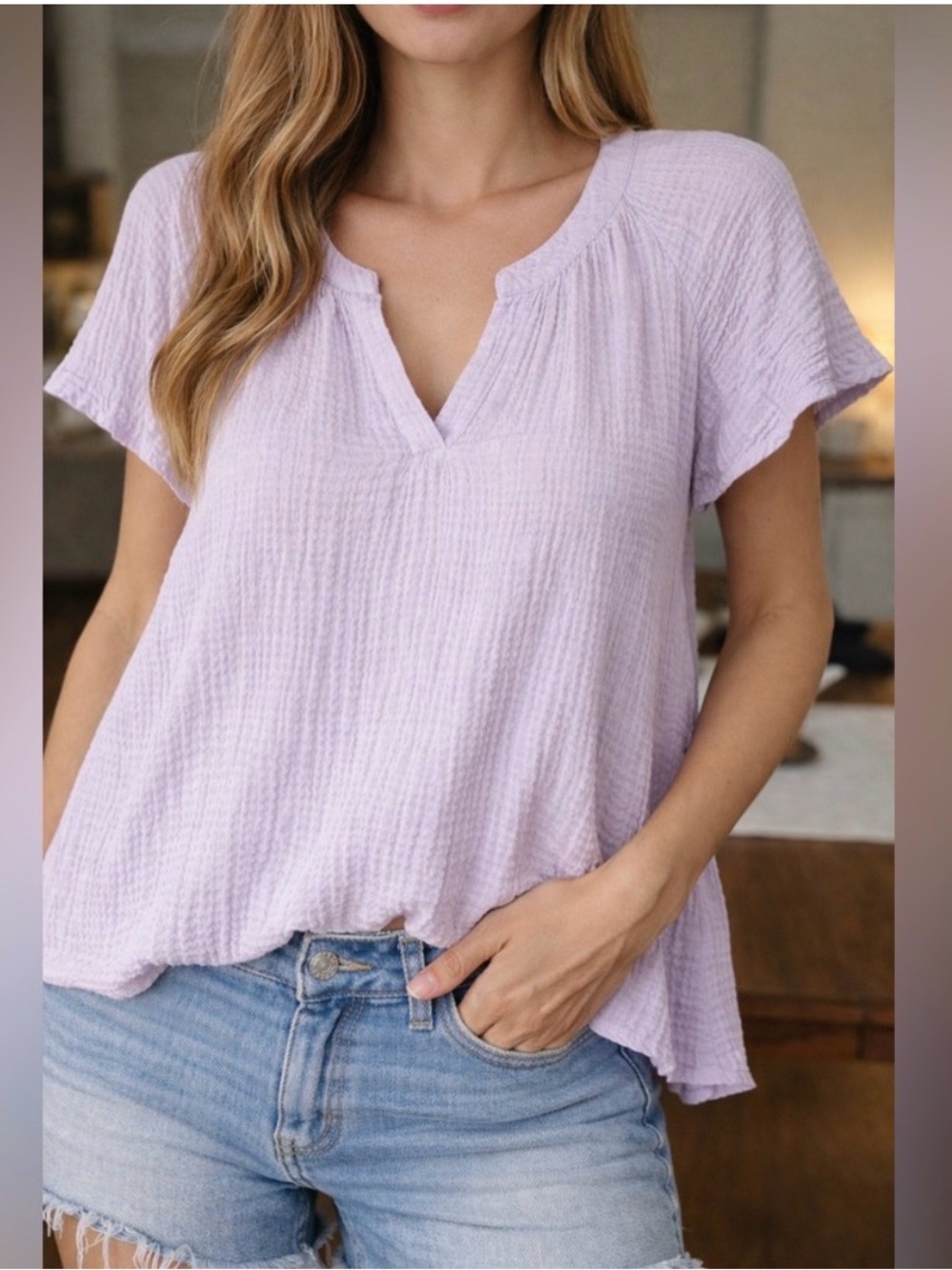 Universal Thread Soft Lilac Cotton Gauze V-Neck Blouse Size Medium